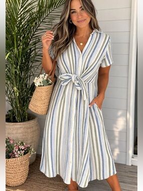 Caslon Stripe Cotton Gauze Shirtdress blue green stripe tie-waist midi/maxi MD